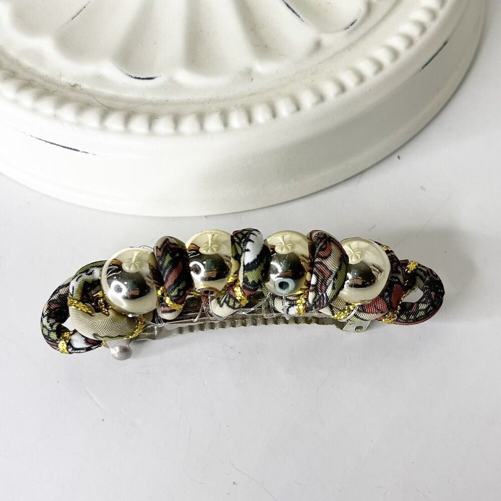 Vintage 90s Y2K Gold Beaded Canvas Hair Barrette Metal Clasp Fashion Accessory